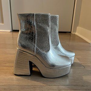 Dolls Kill Silver Rhinestone Platform Boots NIB
